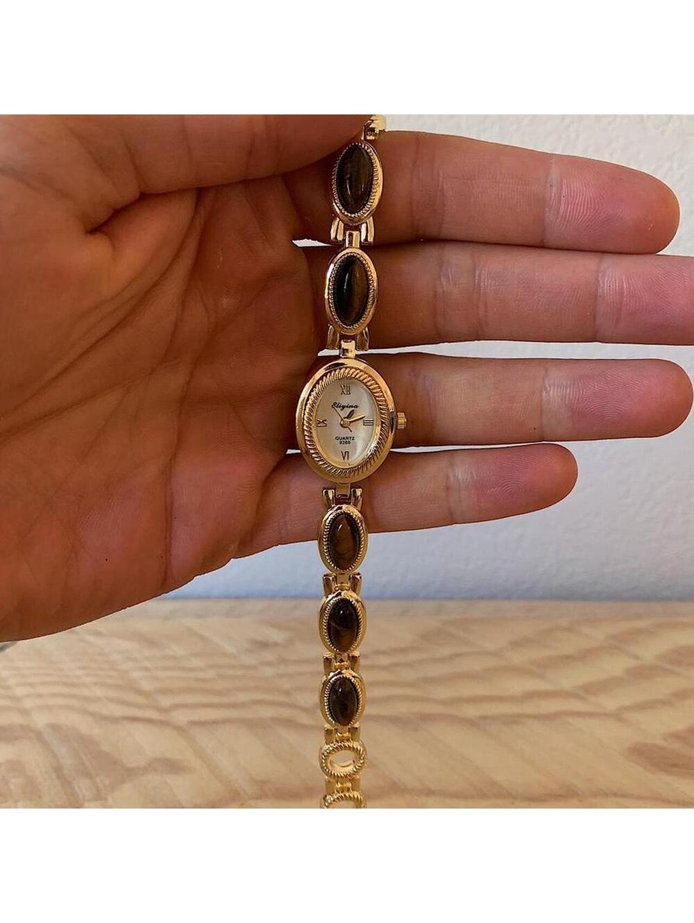 Y2k style Dainty cute Gold style tone quartz watch with brown jade stone opal ac - Picture 4 of 8